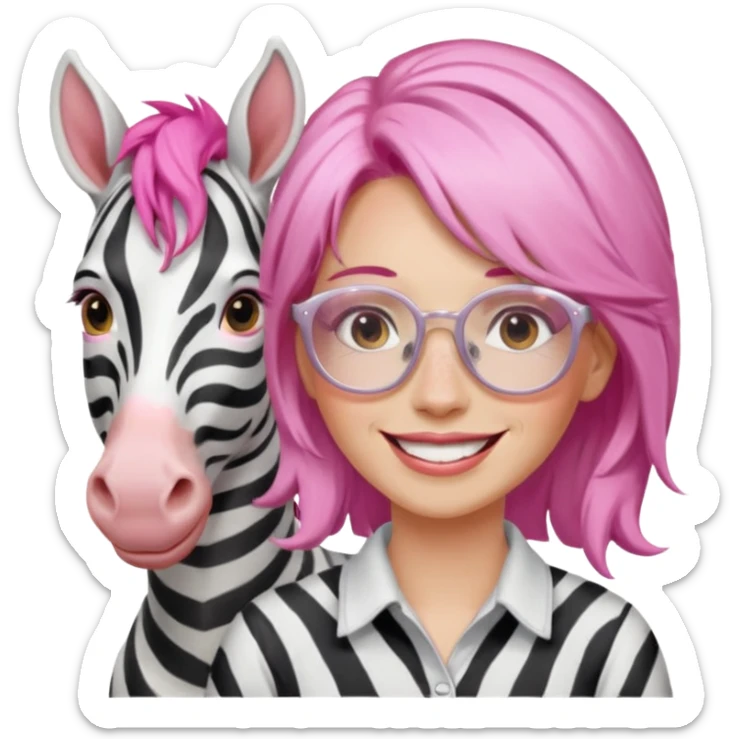 create a emoji of my friend camilla: she wears  white glasses and she has brown hair, make it pink. She loves horses and zebras sticker