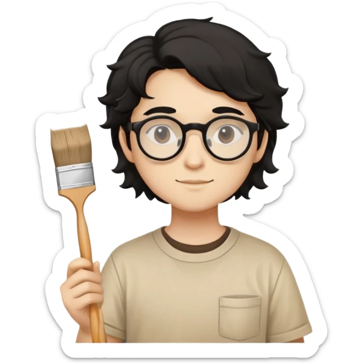 Reliable young painter with round glasses, wavy black hair, beige art shirt, with square paintbrush sticker