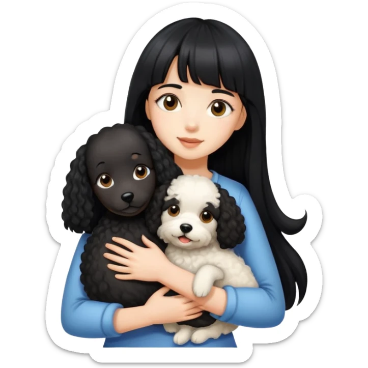 A beautiful girl with long black straight hair and bangs hugs a curly-haired dog sticker