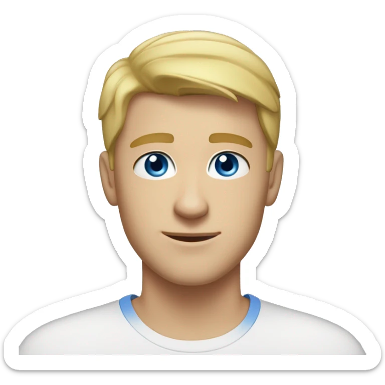 A head and shoulders shot of a 22 year old Caucasian man, with short blond hair,   with blue eyes wearing a t-shirt. sticker