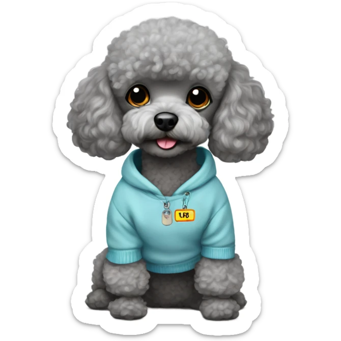 Gray toy poodle with a sweatshirt with the name Louie on his tag sticker