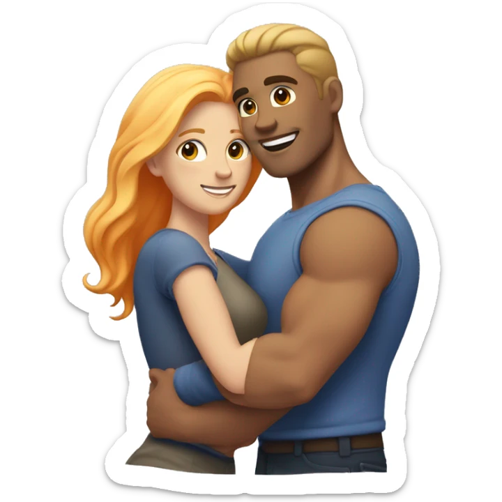 
A muscular, well-shaped, brunette man and a woman with light blonde and orange hair hugging him. sticker