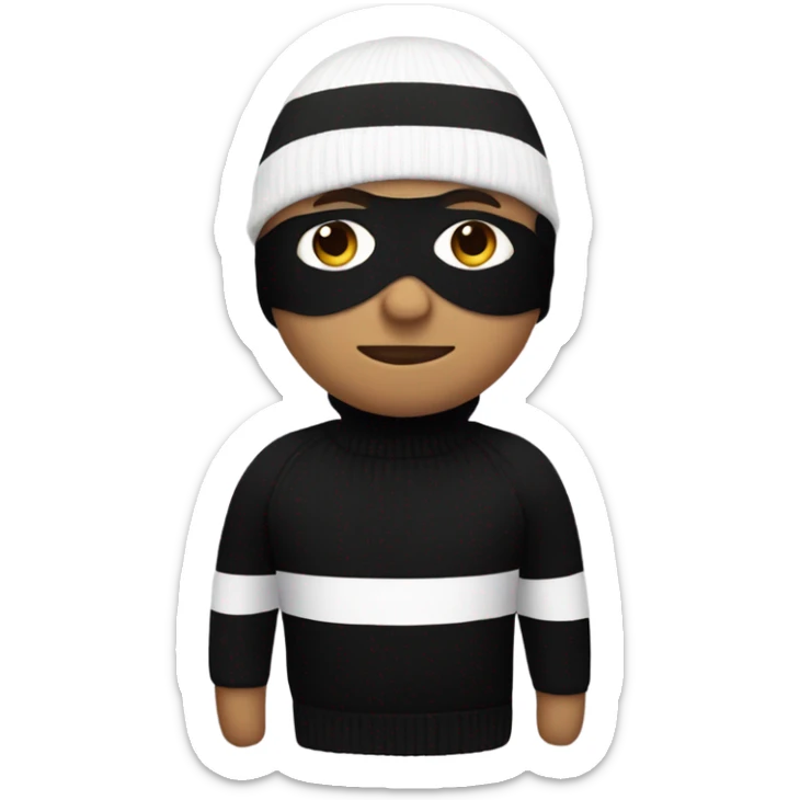 Person wearing white and black up and down sweater with a black superhero mask on with a beanie sticker