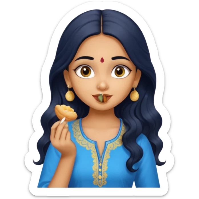 a pretty tan indian bratz girl. eyeliner on, wearing a blue kurti, eating golgappa. NO SPOON. wavy long black hair sticker