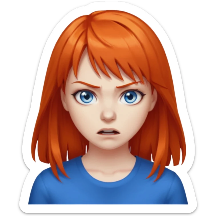 A woman with dark orange hair and bangs, blue eyes, an asmr streamer, angry, sticker