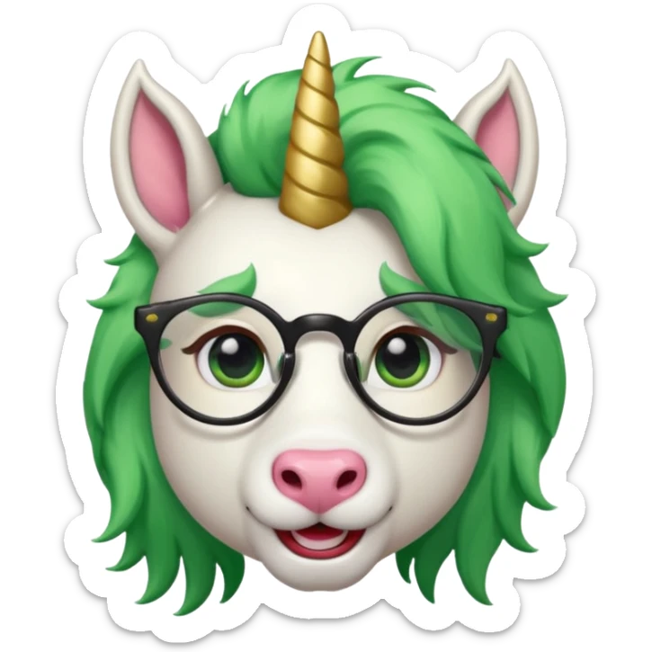 white furred unicorn with green hair and big red earrings looking into camera and spectacle sticker