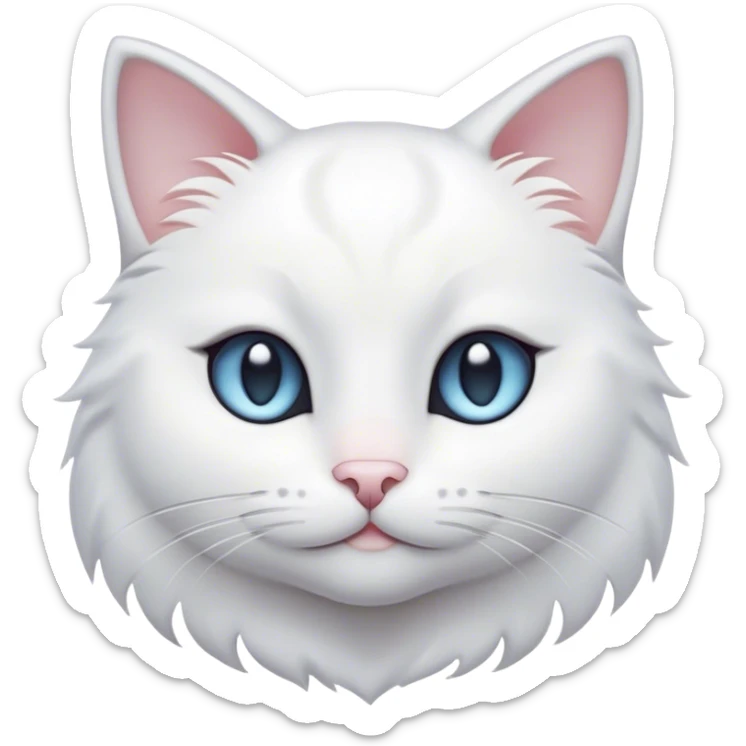 Cinematic Cute White Cat Portrait Emoji, Head tilted with a soft, gentle smile and sparkling eyes, featuring a silky, pristine white fur with subtle silver highlights, simplified yet irresistibly adorable, highly detailed, glowing with a warm, snowy glow, high shine, radiating affectionate charm and tender grace, styled with a light, playful outline, capturing the essence of a cute white cat that looks as if it could melt your heart with a single blink! sticker