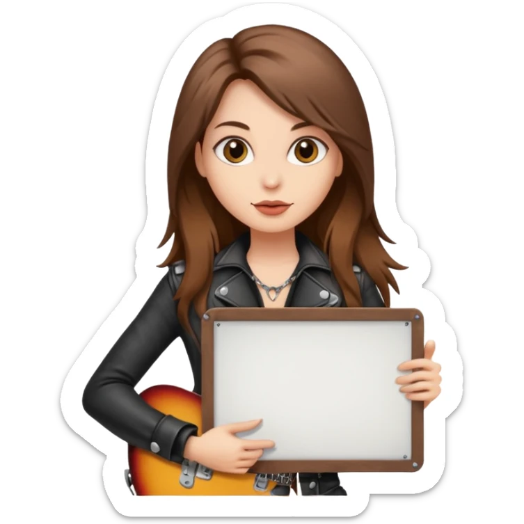 A fair skin rocker chick with long brown hair holding a large blank sign sticker