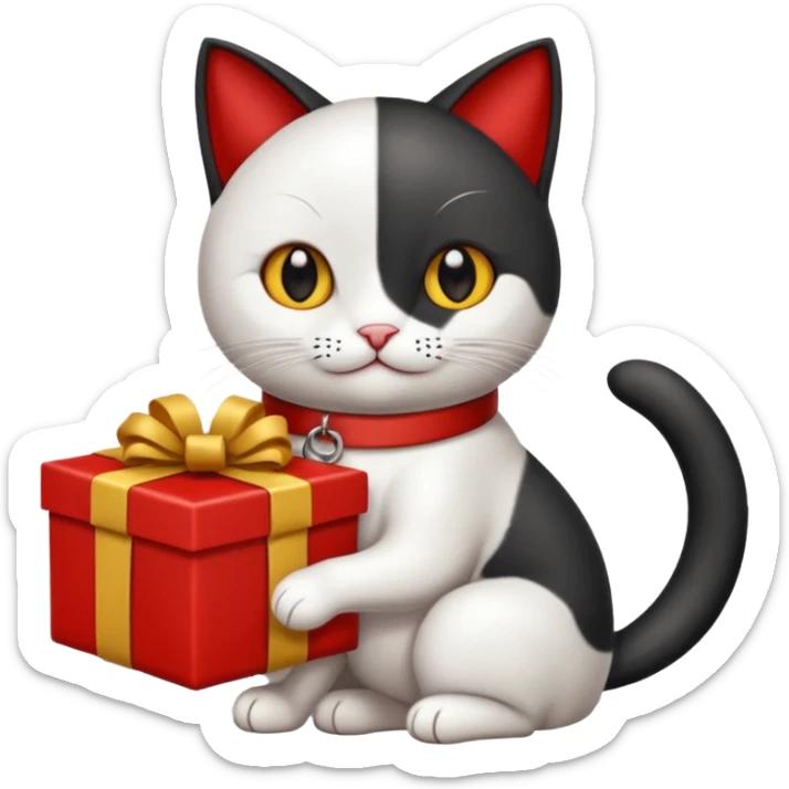 Gato negro con blanco feliz con moño rojo y un regalo 🎁 sticker