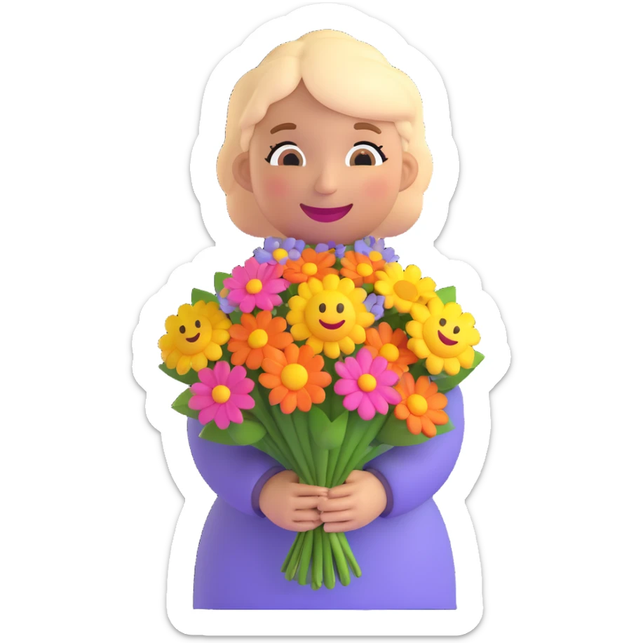 3D smiley emoji, round shape, grandmother with a bouquet of flowers, smiling, purple color sticker