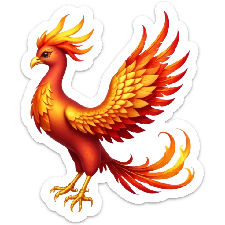 Cinematic Noble Mystical Fire Phoenix Portrait Emoji, Poised and resplendent, with a radiant, fiery plumage in brilliant hues of scarlet, gold, and ember, featuring elongated, elegant tail feathers that flow like molten lava, and piercing, wise eyes reflecting the eternal cycle of rebirth; rendered with lifelike texture and luminous natural highlights, high shine, majestic and awe-inspiring, styled with an aura of mythic resurgence, focused and regal, soft glowing outline, capturing the essence of a legendary phoenix rising from the flames with timeless grace! sticker