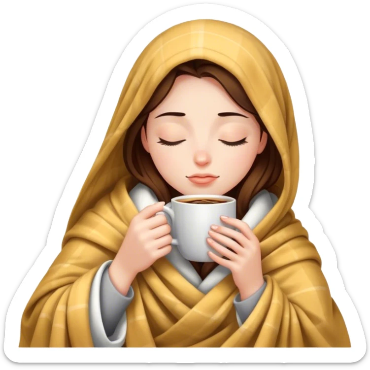 girl inside a blanket sipping coffee eyes closed sticker