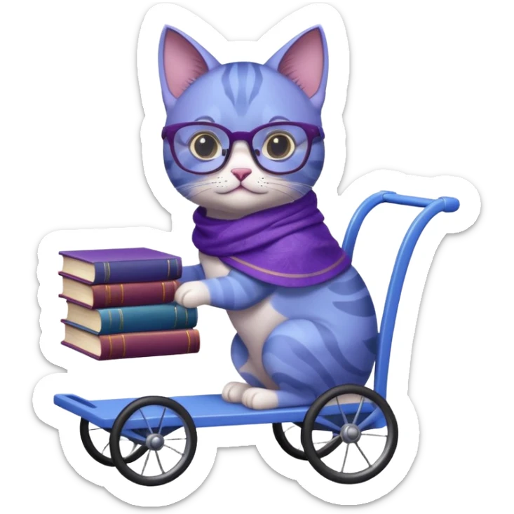 Purple and blue cat, with glasses and a shawl, pushing a 4 wheeled cart full of books sticker