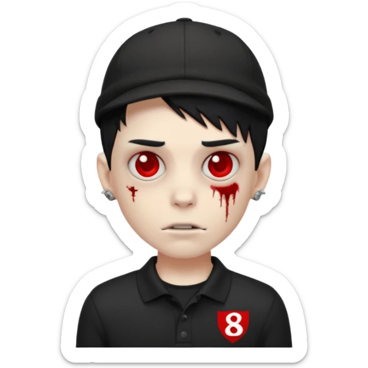zombie boy emoji with black emo hair and piercing, wearing black polo shirt with Lyon logo, red cap with number 9 sticker