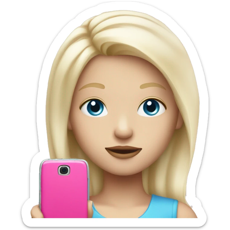 a white blond hair girl with blue eyes holding a pink cell phone sticker