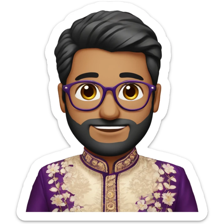 Fair skinned indian bridegroom wearing purple sherwani with floral design and wearing aviator style spectacles sticker