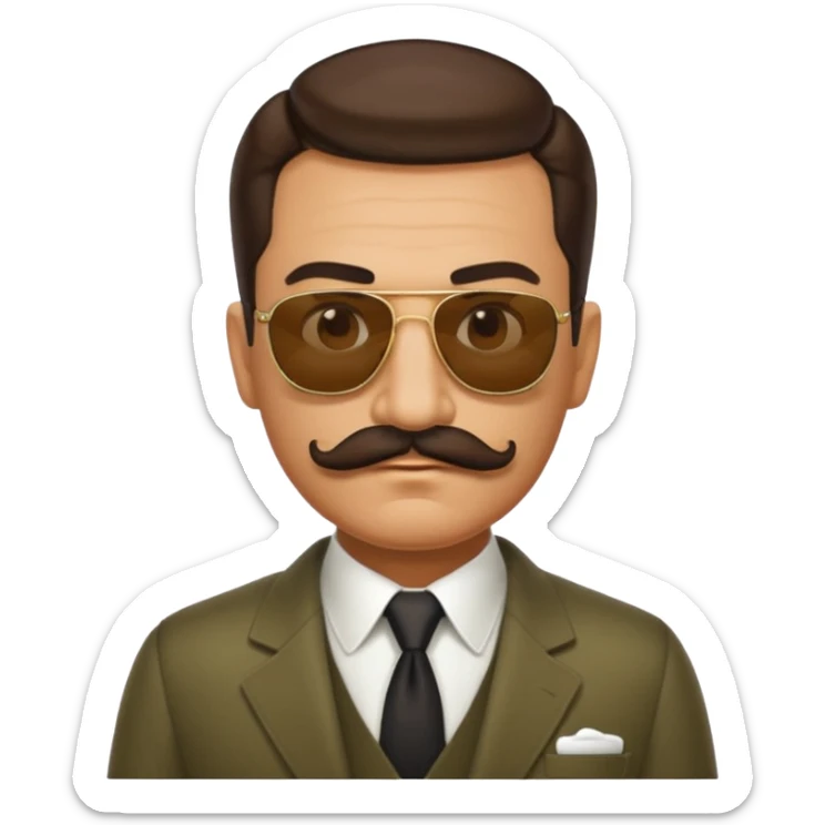 head of a mafia boss with brown slicked-back hair, thick mustache, sunglasses, apple emoji style sticker