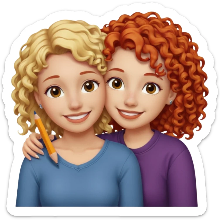 A woman with pencil straight, blonde hair and a nose piercing and a woman with curly red hair and a nose piercing are hugging and smiling together. sticker