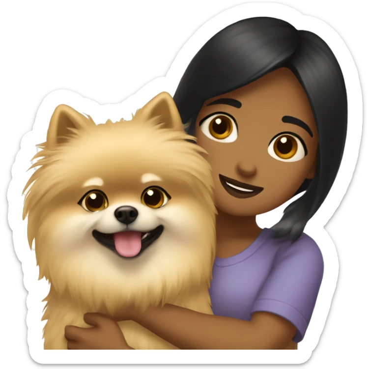 Girl hugging pomeranian. The girl has black hair and medium skin. The pomeranian has fluffy fur and it’s beige. sticker