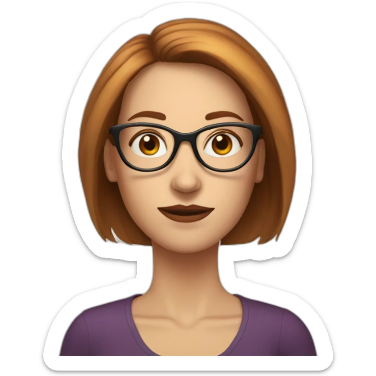 white woman with burgundi hair at shoulder level with glasses and big nose. elongated face sticker