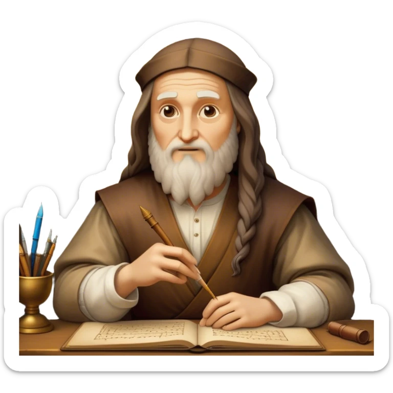 Cinematic Realistic Leonardo da Vinci Portrait Emoji, depicted as the quintessential Renaissance polymath with deep, thoughtful eyes, a flowing beard, and a quill or sketchbook in hand. The scene is illuminated with warm, classical lighting, evoking the atmosphere of a master artist’s workshop, surrounded by early sketches of inventions and masterpieces like the Mona Lisa. sticker