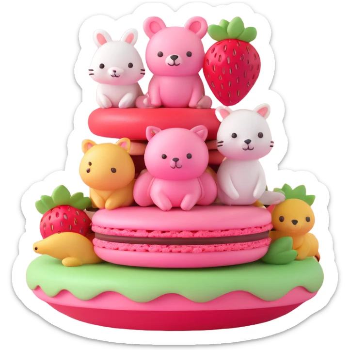 A 3D iOS style emoji of a pink macaron with a strawberry on top and three cute animals peeking out from between the layers. The macaron should have a glossy finish and soft shadows, with a light blue background and small yellow stars scattered around. sticker