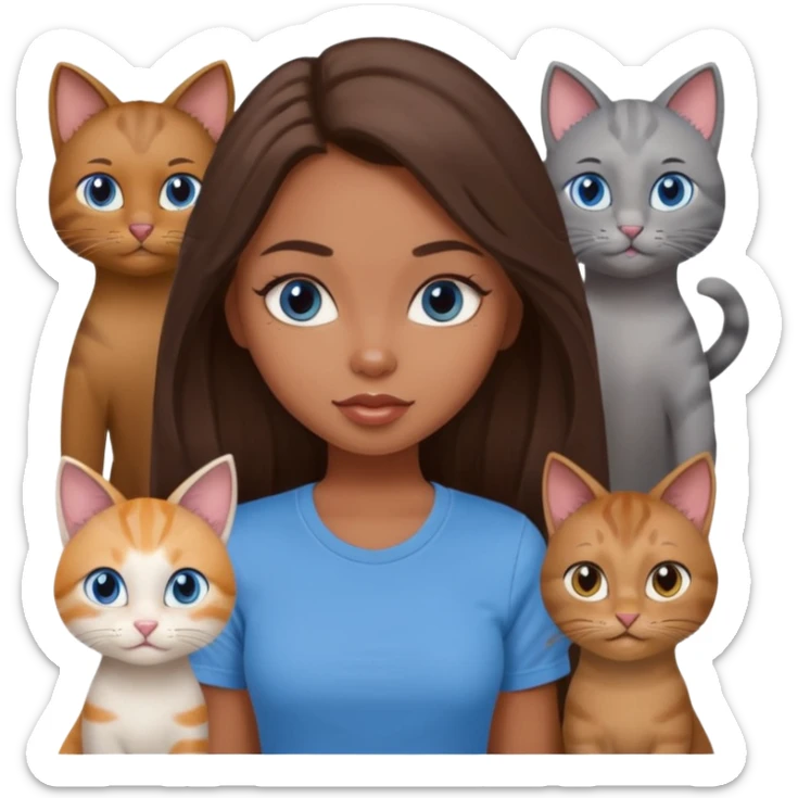 a pretty bratz dusky girl with long brown hair, blue eyes with six cats nd wearing a grey tshirt sticker
