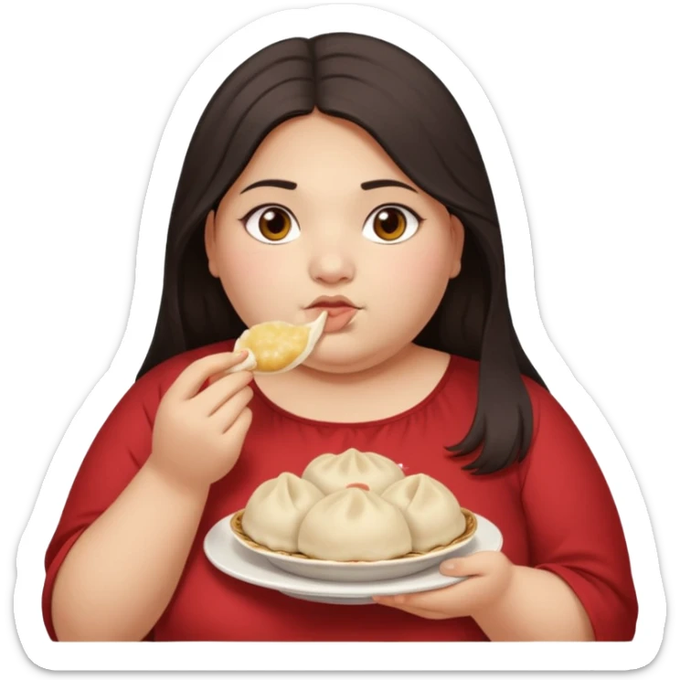 Can you create an emoji of a half Indian - half white 23 year old girl with dark brown mid length hair and brown eyes who is super obese and eating a dumpling sticker