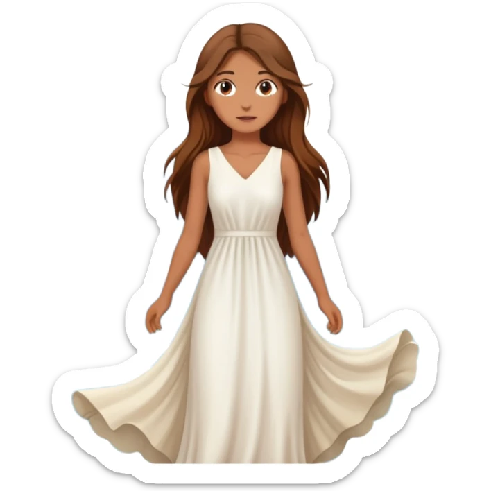Girl with long brown hair wearing a flowing white dress, standing where the sea meets the mountains Montenegro in the background  sticker