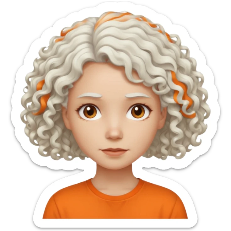 curly white  hair woman in orange shirt no smile sticker