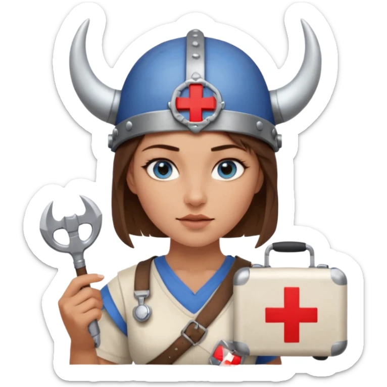 A young woman with beautiful blue eyes, short brown hair shaved on the sides, giving her a Viking look and a horned helmet. She holds a medical kit with a red cross icon in her hand. A stereoscope hangs around her neck. sticker