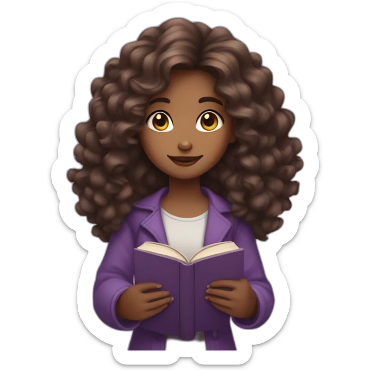 A girl with thick wavy hair, purple eyes and a book in her hands sticker