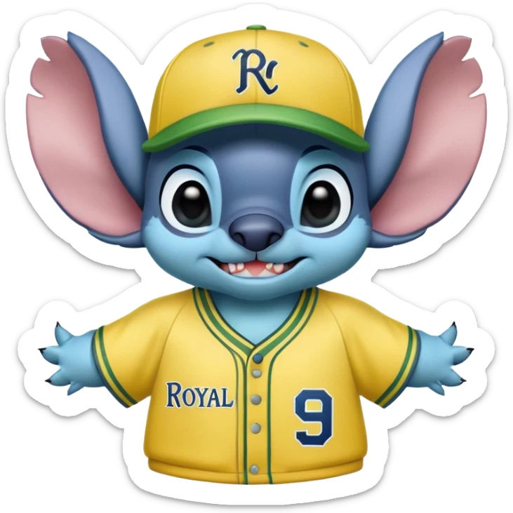 Stitch with a yellow and green baseball jersey with the name royal greys and a cap sticker