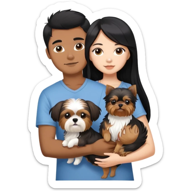 A beautiful Asian girl with long black hair is holding a small Yorkshire Terrier. She is standing next to her brown skinned boyfriend, who is holding a Shih Tzu. They are each holding one dog each sticker