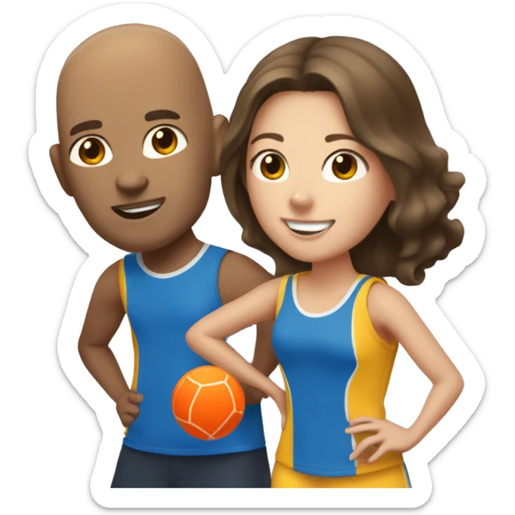 1 tall bald male, 1 shorter brown hair male, 1 girl with long brown hair, 1 girl  with brown hair all playing pickleball sticker