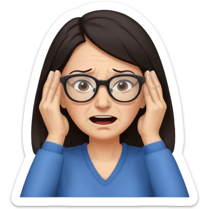 middle aged woman with dark hair and glasses covering her ears, wincing in pain because the sound is terribly loud and hurting her ears sticker