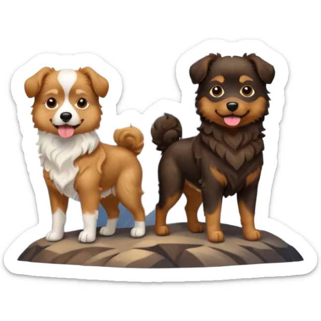two dogs with wavy hair, one black and brown, one shades of brown with mountains sticker
