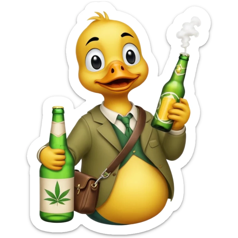 Drunk and high duck animal holding wĺeed bottle and a bag of weed. Looking really drunk sticker