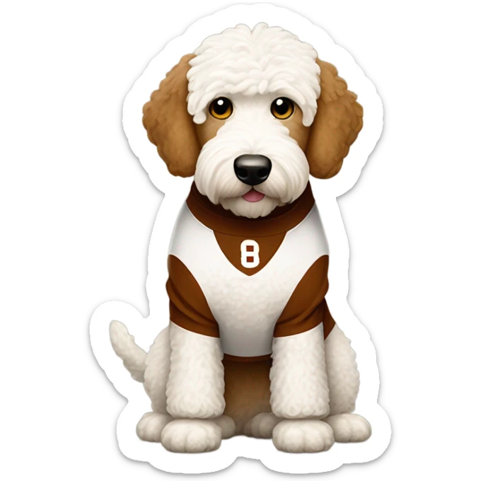 White Goldendoodle in a brown and white Cleveland Brown Football uniform sticker