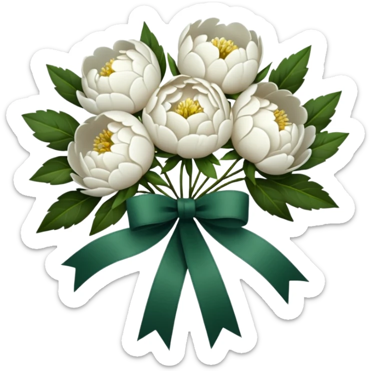 several white peonies tied with a dark green ribbon, minimalism, iOS emoji style, no faces or smileys sticker