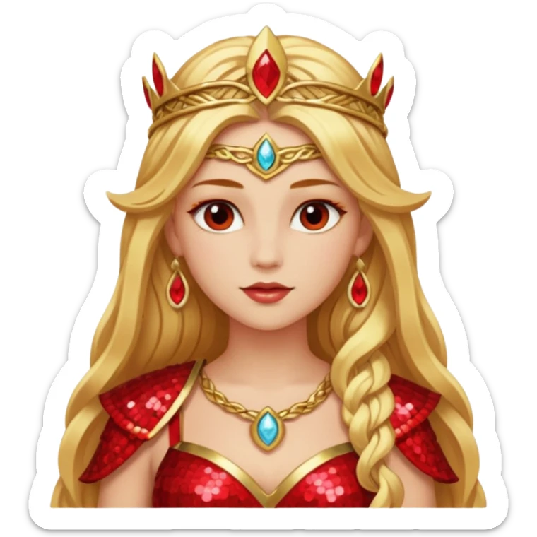 Freya, Goddess of Love from Gods and Goddesses with long golden blonde hair, red sequin outfit sticker