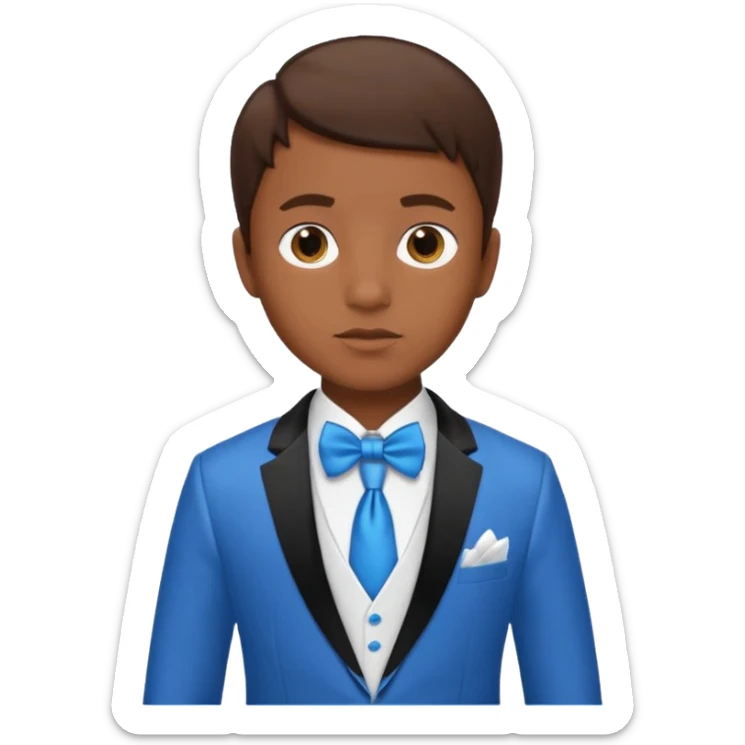 A boy with dark brown skin and I little bit of brown hair and a white tuxedo with a blue tie sticker