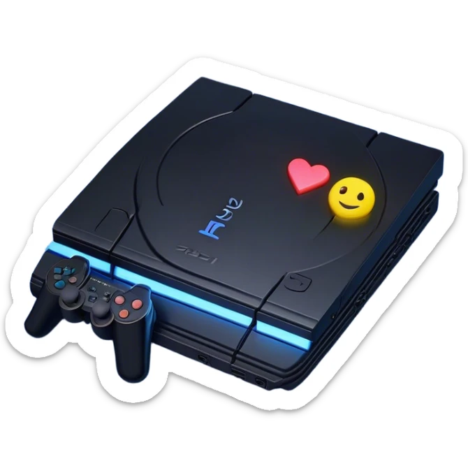 Clash of Clans aesthetic: Cinematic Playful PlayStation 2 Slim Portrait Emoji, rendered in a 3D vector-style similar to standard emojis with minimal shading and bold, simplified shapes. A compact, distinct form with signature details, softly glowing with a cutting-edge console technology charm. Simplified yet unmistakably iconic, highly detailed and consistent, glowing with a soft radiance and high shine. Stylized with a touch of technological advancement and a soft glowing outline, capturing the essence of a beloved gaming relic with a friendly, playful manner! sticker