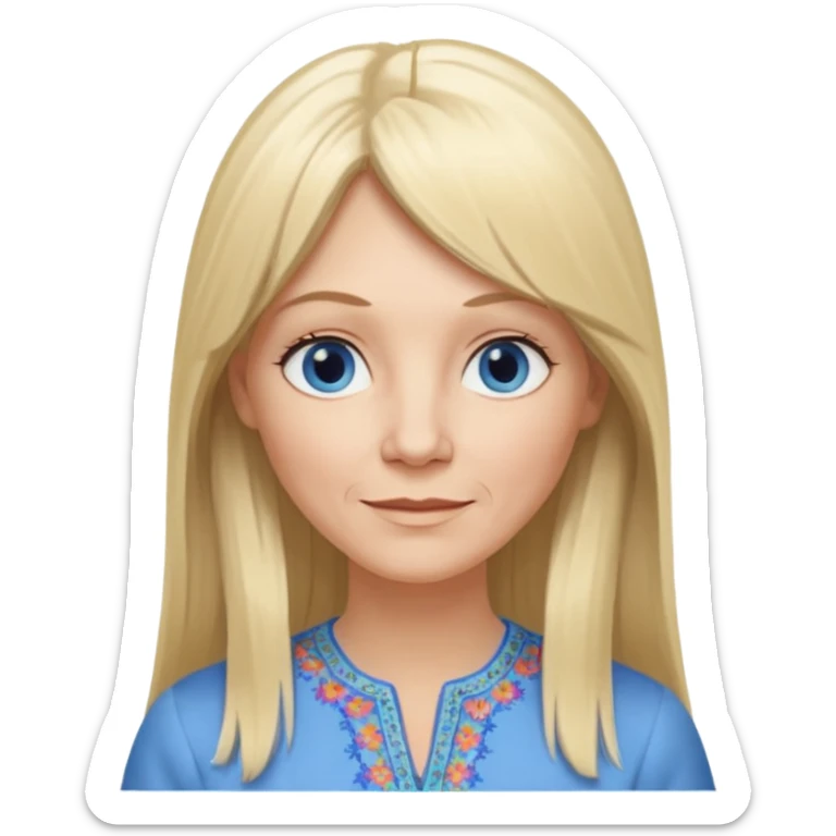 50 yr old white woman, hippie part bangs, very long straight blond hair, oval face, small smile, blue eyes, thin face, hair downback, hair parted at center of head, round cheeks, pale, longer hair, dress shirt sticker