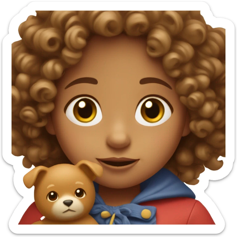 Little girl with curly hair holding a toy Paddington  sticker