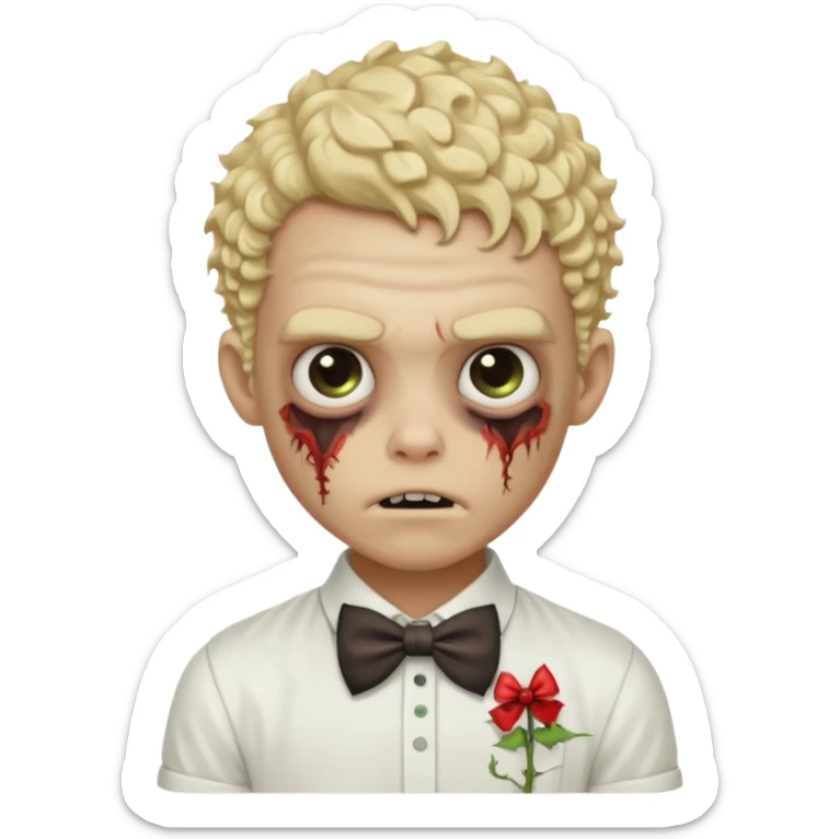 Blonde zombie boy with a white shirt with a bow in his curly hair sticker