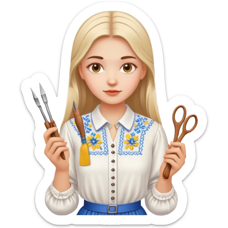 Ukrainian young girl in white embroidered traditional shirt holding needlework tools sticker