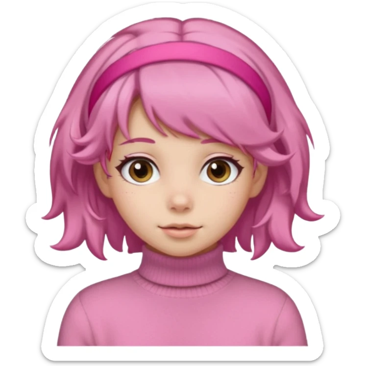 brown fluffy haired girl with pink turtleneck sweater and pink hair band sticker