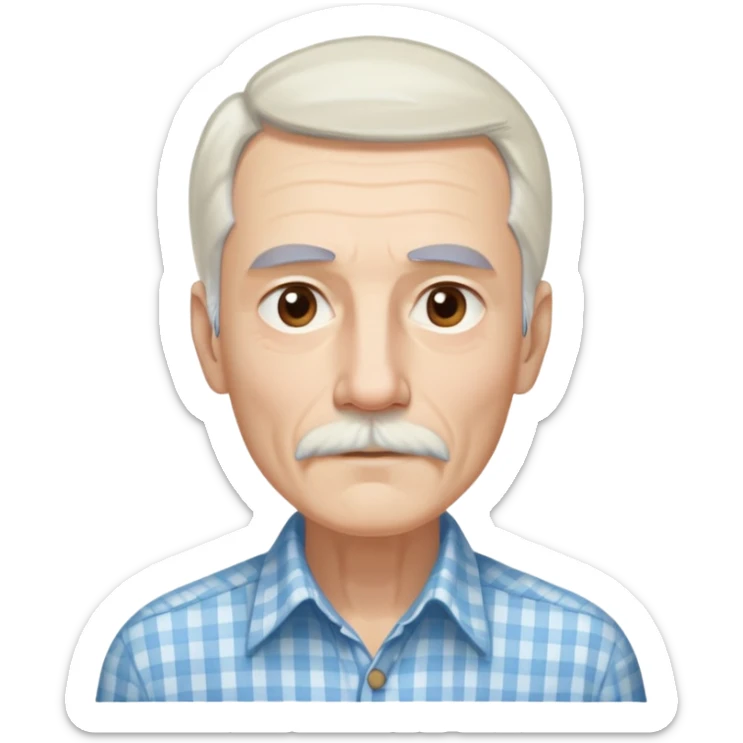 Skinny man in his 70s with fair skin. Long narrow face. Gentle light brown eyes. Long, flowing straight white hair reaching past shoulders, with light bangs. Thin eyebrows. White goatee connected to mustache. Slender appearance. Wearing a light blue and beige checkered button-up shirt. sticker