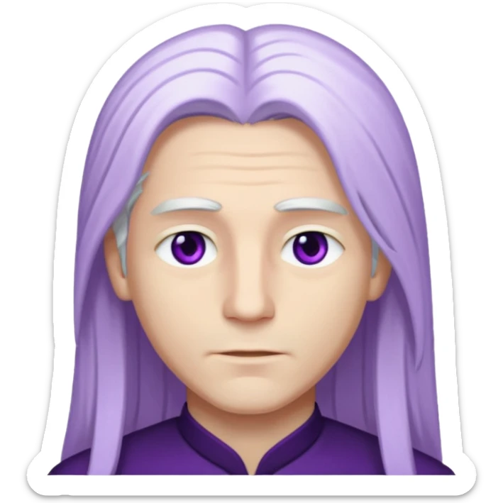 Beyaz uzun ve düz saçları olan,mor göz rengi olan, bembeyaz tenli bir erkek,genç,gözleri hafif çekik ve saçları da teni de bembeyaz olacak,genç olacak,kırışıklığı olmayacak,gözleri çekik ve mor renk olacak sticker
